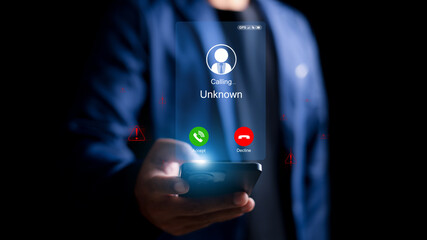 Unknown number displayed showing on smart mobile phone. Human use smartphone with incoming call...