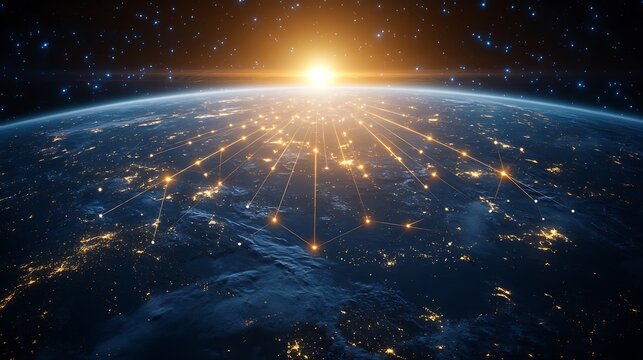 A satellite hovering over Earth emitting radiant data beams, connecting continents and fostering global financial and scientific exchange.