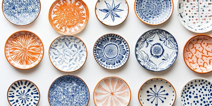 Hand Painted Ceramic Plates with Floral and Geometric Patterns