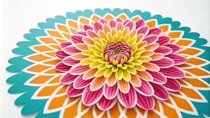 Obraz premium Vibrant and playful colorful chrysanthemum flower cutout in a circular shape with bold lines and bright colors, floral cutouts, flower power, nature-inspired art