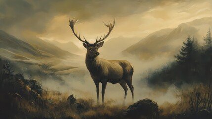 A majestic stag standing in the misty highlands of Scotland, its antlers towering against the backdrop