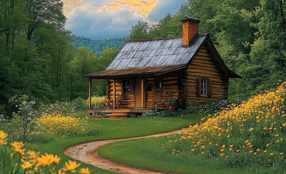A small, charming log cabin with weathered wooden walls and cozy front porch sits in a lush green meadow, bathed in the warm golden morning light. A winding dirt path lined with blooming wildflowers.