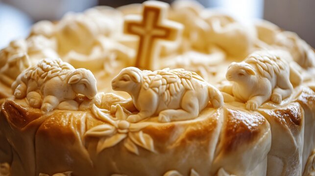 A close up of a beautifully sculpted Paska bread with a dough centerpiece depicting Easter symbols like lambs and crosses