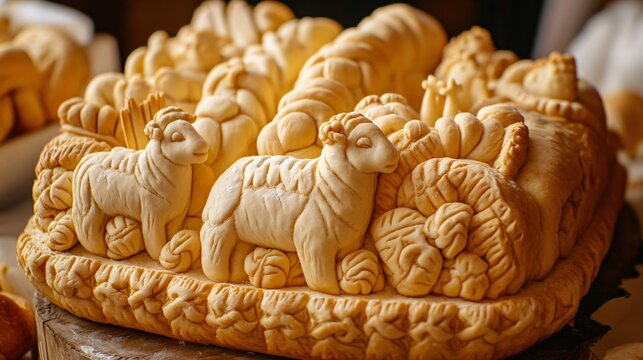 A close up of a beautifully sculpted Paska bread with a dough centerpiece depicting Easter symbols like lambs and crosses