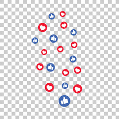 Like thumbs up and love heart icons falling on transparent background. Abstract social media symbols. Reaction counter notification icons. Social media elements. Like love emoji reactions
