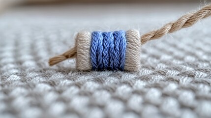 Blue thread spool on rope, textured background, craft supplies