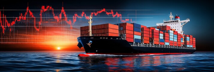 Obraz premium American trade war concept. Container ship with trading graphs at sunset on the water.