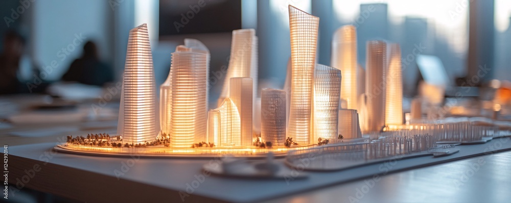 Poster illuminated model cityscape glowing on table during architectural presentation