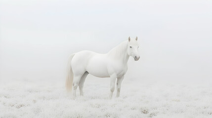 Fototapeta premium White horse in foggy field, winter scene, serene landscape, ideal for websites