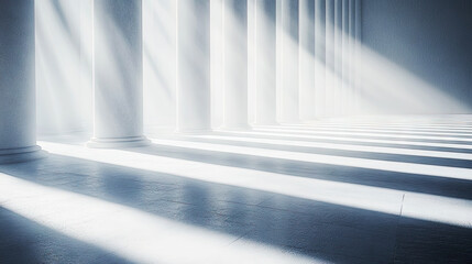 Minimal architectural background with tall white columns, soft light rays, and long shadows creating a serene and textured atmosphere
