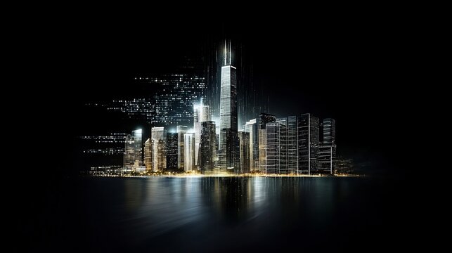 Night cityscape, data streams, harbor reflection, tech innovation, website banner