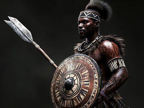 Zulu warrior with shield and spear showcasing ancestral markings and tribal symbols