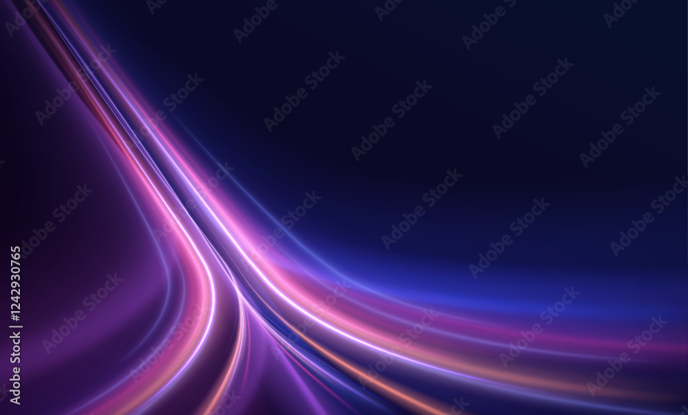 Poster high speed effect motion blur night lights blue and red. magic shining neon light line trails. vecto