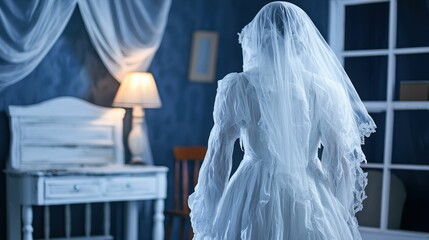 A ghostly figure in a bridal gown.