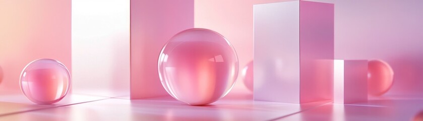 Obraz premium Pink Glass Spheres Resting on Pink Geometric Platforms