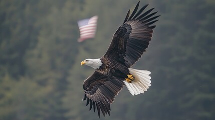 Obraz premium Majestic Bald Eagle in Flight Near American Flag