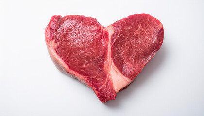 Obraz premium Piece of raw meat in shape of heart on white backdrop. Organic product. Fresh beef. Tasty food