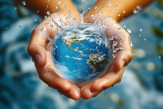 Hands holding a water globe of mother earth advertising world water day