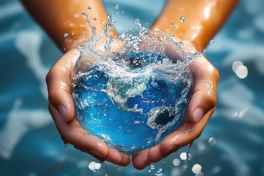 Hands holding a water globe of mother earth advertising world water day