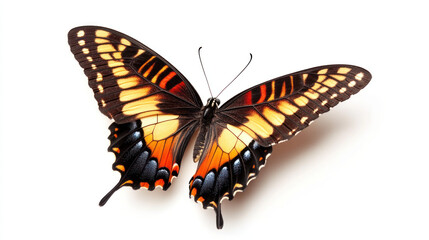 Fototapeta premium vibrant butterfly with striking orange, black, and yellow patterns is displayed on plain white background, showcasing its detailed wing design