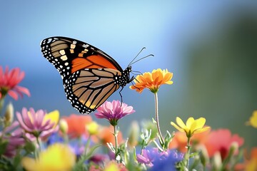 Fototapeta premium A stunning butterfly hovering over a patch of wildflowers, with colorful petals swaying under a gentle breeze, showcasing an idyllic outdoor scene.