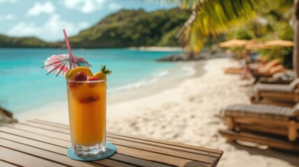 A refreshing cocktail with colorful fruits and umbrellas placed on a wooden table overlooking a tropical beach