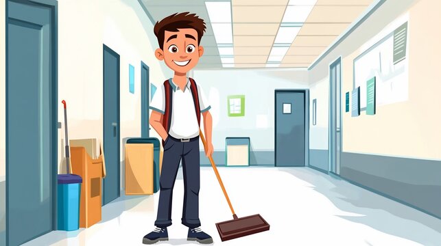 Cartoon boy with a broom in a school hallway, cleaning duty after school or on break
