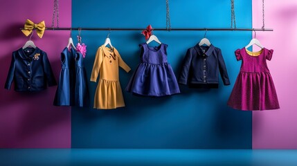 Stylish kids fashion collection displayed against a vibrant background in a trendy boutique