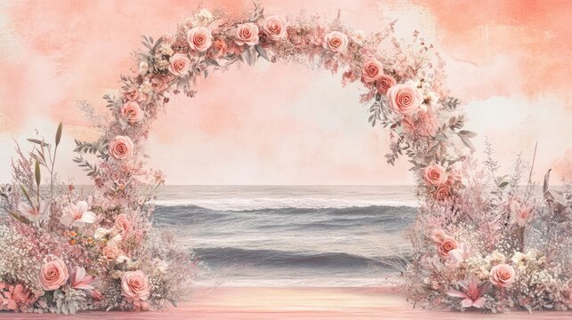 A romantic floral arch adorned with pastel roses and lilies, set against an oceanfront wedding ceremony with a soft pink textured background