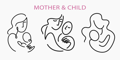 Mother and Baby One Line Art Drawing Breastfeeding
