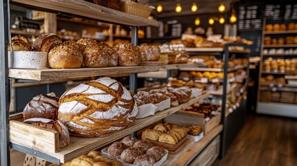Freshly baked bread showcase at cozy bakery urban setting food photography warm ambiance inviting interior