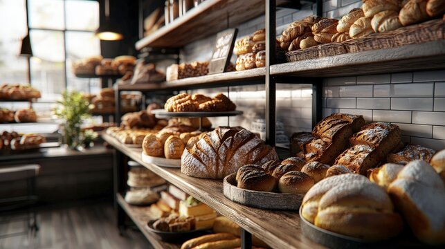 Delightful bakery display of freshly baked goods urban setting food imagery inviting atmosphere close-up view culinary joy
