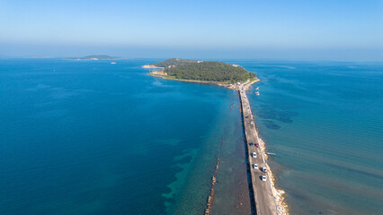 Aerial drone view of Urla district of Izmir, Turkey's third largest city. Iskele - Karantina island...