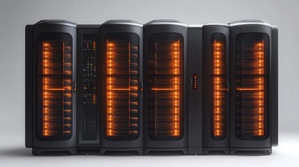 Futuristic server unit with glowing orange lights, showcasing advanced technology in a sleek design
