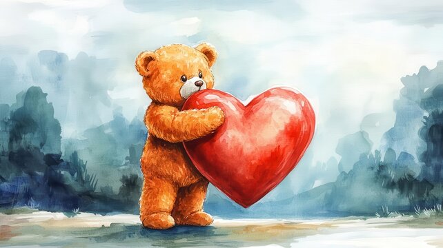 teddy bear hugging a big heart valentine's day theme watercolor complementary color scheme