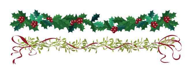 Set of beautiful Christmas decorations in cartoon style.Vector illustration of garland of holly with green leaves, red berries, mistletoe with bows and curved ribbons, isolated on white background. © MVshop