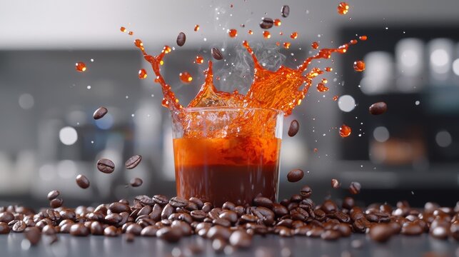 A dynamic coffee scene with liquid energy as steaming coffee splashes into a cup, surrounded by rich beans for a cozy, caffeinated vibe.