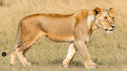 Obraz premium Lion Walking Through Tall Savanna Grasses at Golden Hour