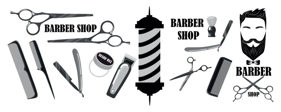 Set of graphic barber shop tools in cartoon style. Vector illustration of modern barber shop equipment: barber pole, scissors, beard wax, trimmer, razor, brush, combs, isolated on white background.