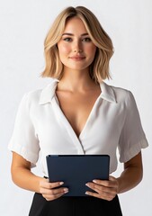 Fototapeta premium Confident Young Woman in White Blouse Holding Digital Tablet Studio Portrait