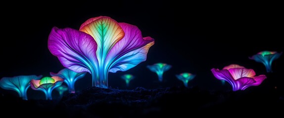Colorful flowers glowing in dark surroundings at night