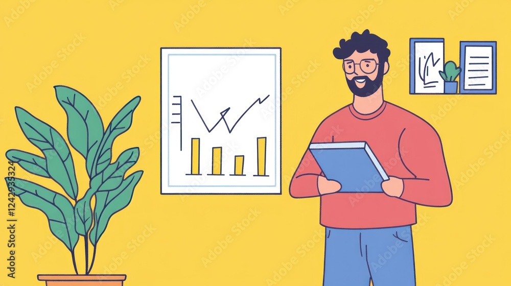 Poster Man reviewing business data graph presentation