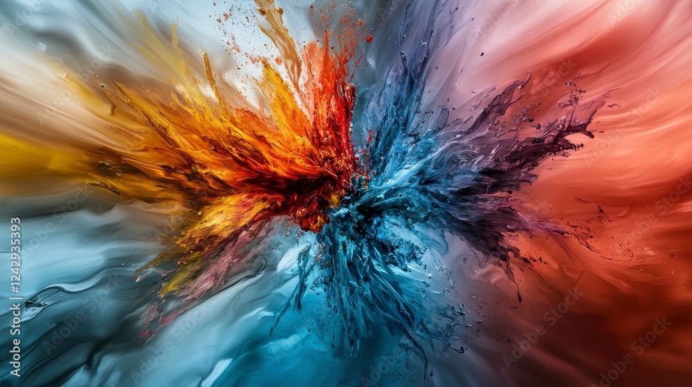 Poster dynamic abstract painting explosion vibrant colors artistic creation studio close-up energy and moti