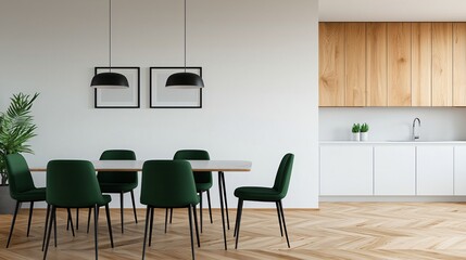 Modern Dining Room Interior Design Green Velvet Chairs White Table and Light Wood Cabinets