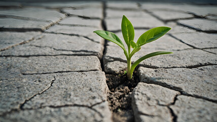 Young plant sprouting from cracked ground, symbolizing resilience and hope in nature