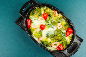 Baked broccoli with shrimp.