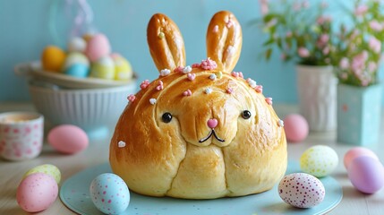 A whimsical Paska bread shaped like a bunny, designed for a festive Easter celebration with pastel-colored decorations