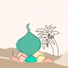 Illustration of Ramadan Kareem greeting card with mosque and palm tree