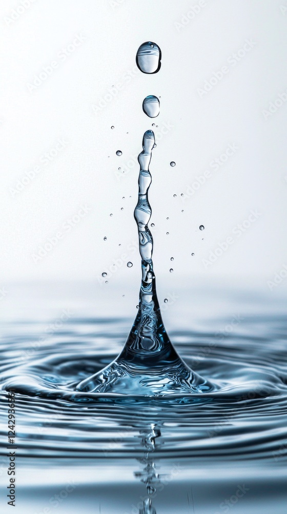 Poster raindrop descends gracefully, striking the calm water surface and sending mesmerizing ripples outwar