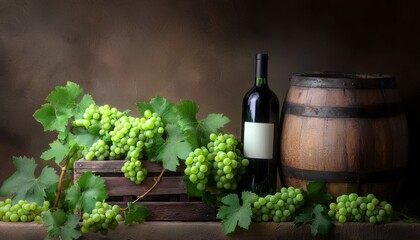 Fototapeta premium A warm, inviting composition showcasing bottles of wine, a wooden crate overflowing with green grapes, and a wine barrel, all surrounded by vibrant grape clusters and vine leaves.